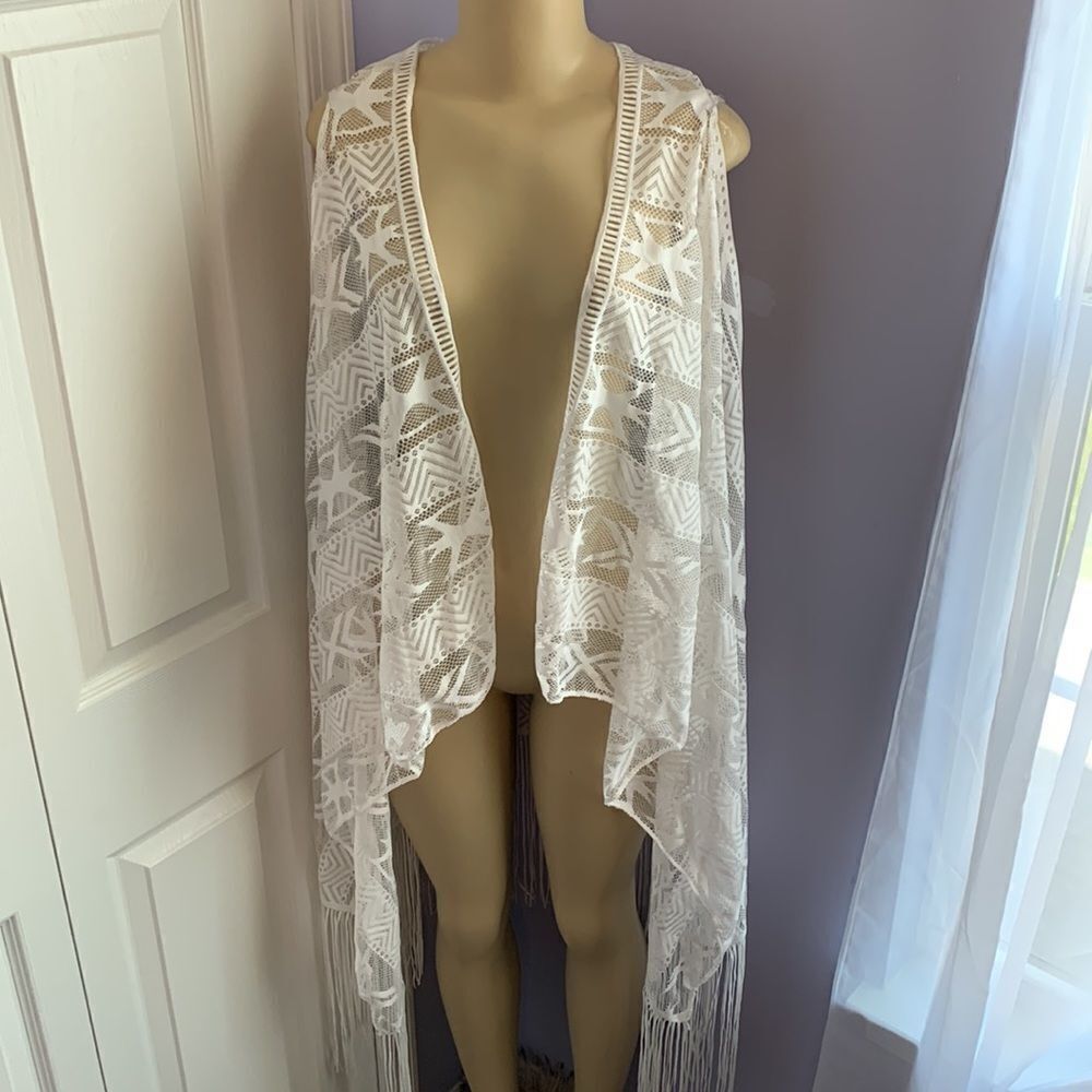 Designer Swimwear Lace CrochetâCover-up Kimono Wrap beautiful SHAWLâwhite